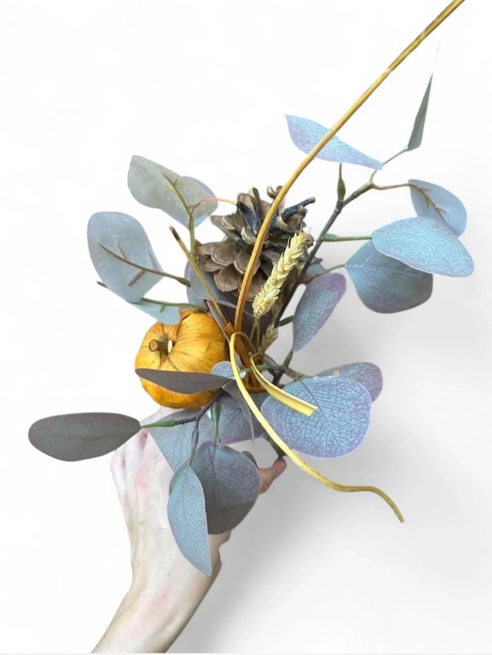 Artificial Eucalyptus & Pinecone Arrangement in Glass Vase - Purple and Gold